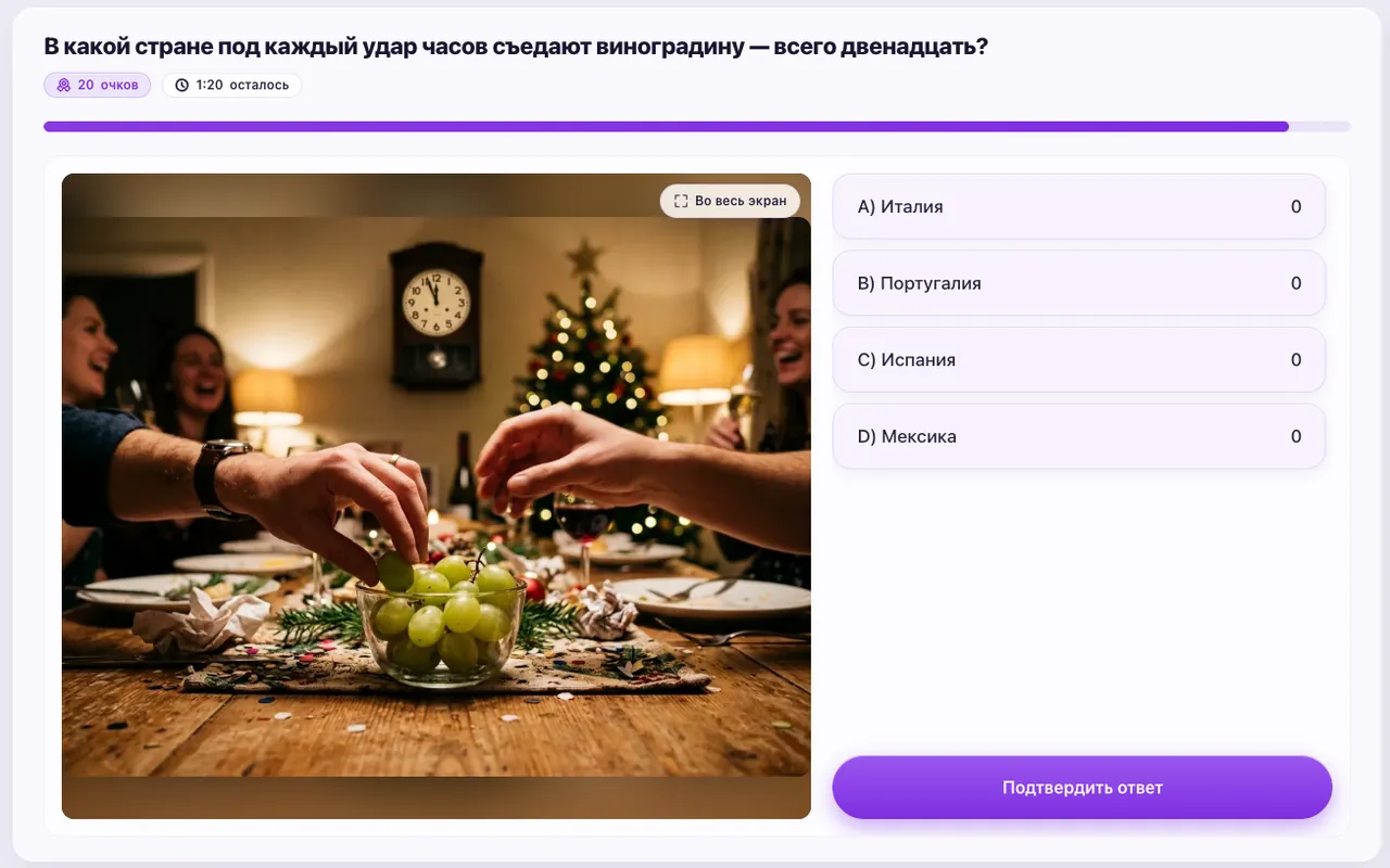 Новогодний квиз с картинкой на платформе: вопрос про традицию с двенадцатью виноградинами, четыре варианта и таймер